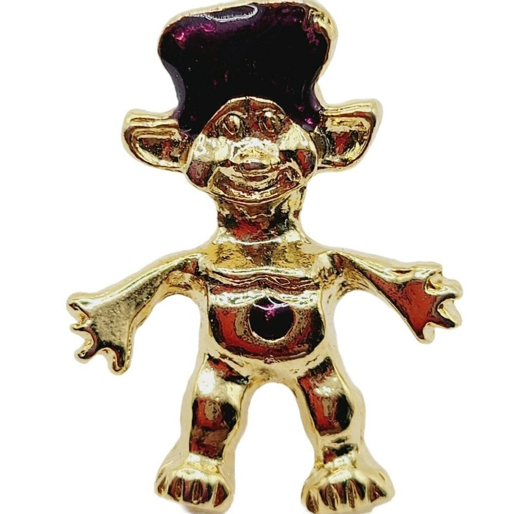 Vintage Troll Lapel Pin Gold Tone Purple Enamel Hair & Belly Tie Tack Exc Cond